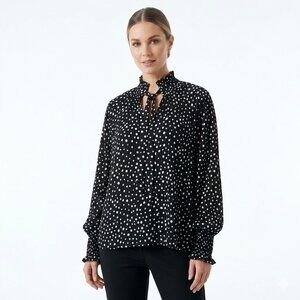 Max Studio Womens XS Black & White Pleated High Neck Polka Dot Top Accordion